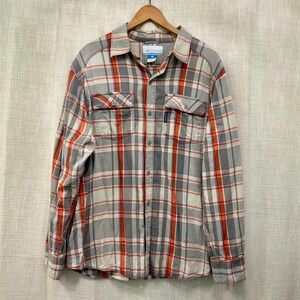Columbia Mens Lg‎ Cotton Plaid Button Up Orange Gray Long Sleeve Collared